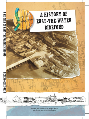 Book cover, yellow and blue, with an ariel view of the wharves at their peak development